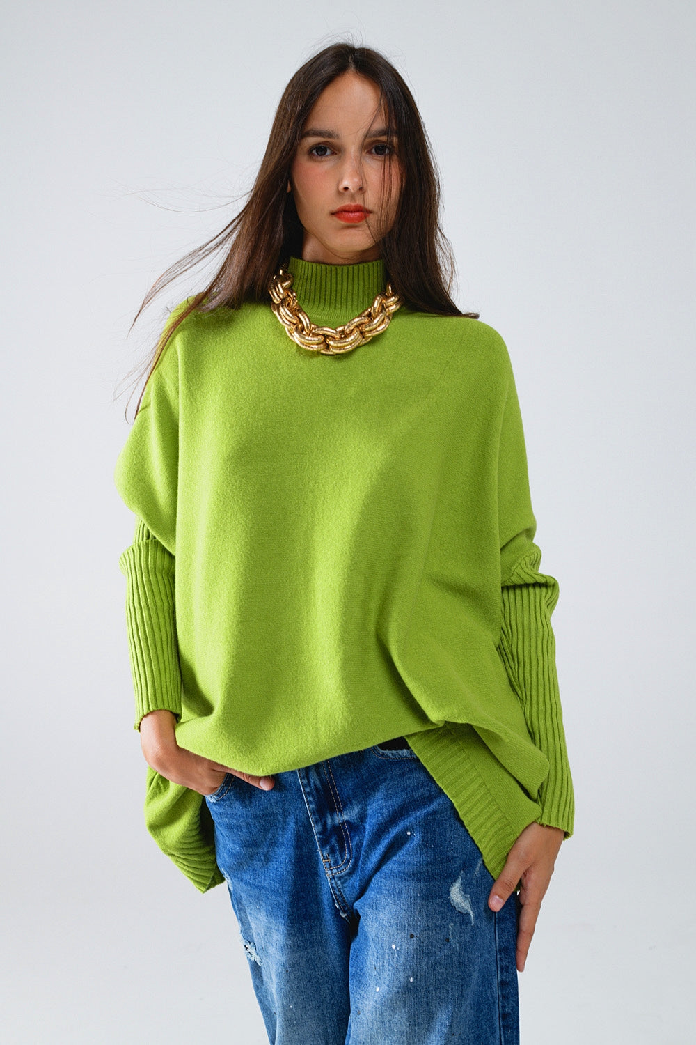 oversized cozy green sweater with ribbed sleeves - Jumpers