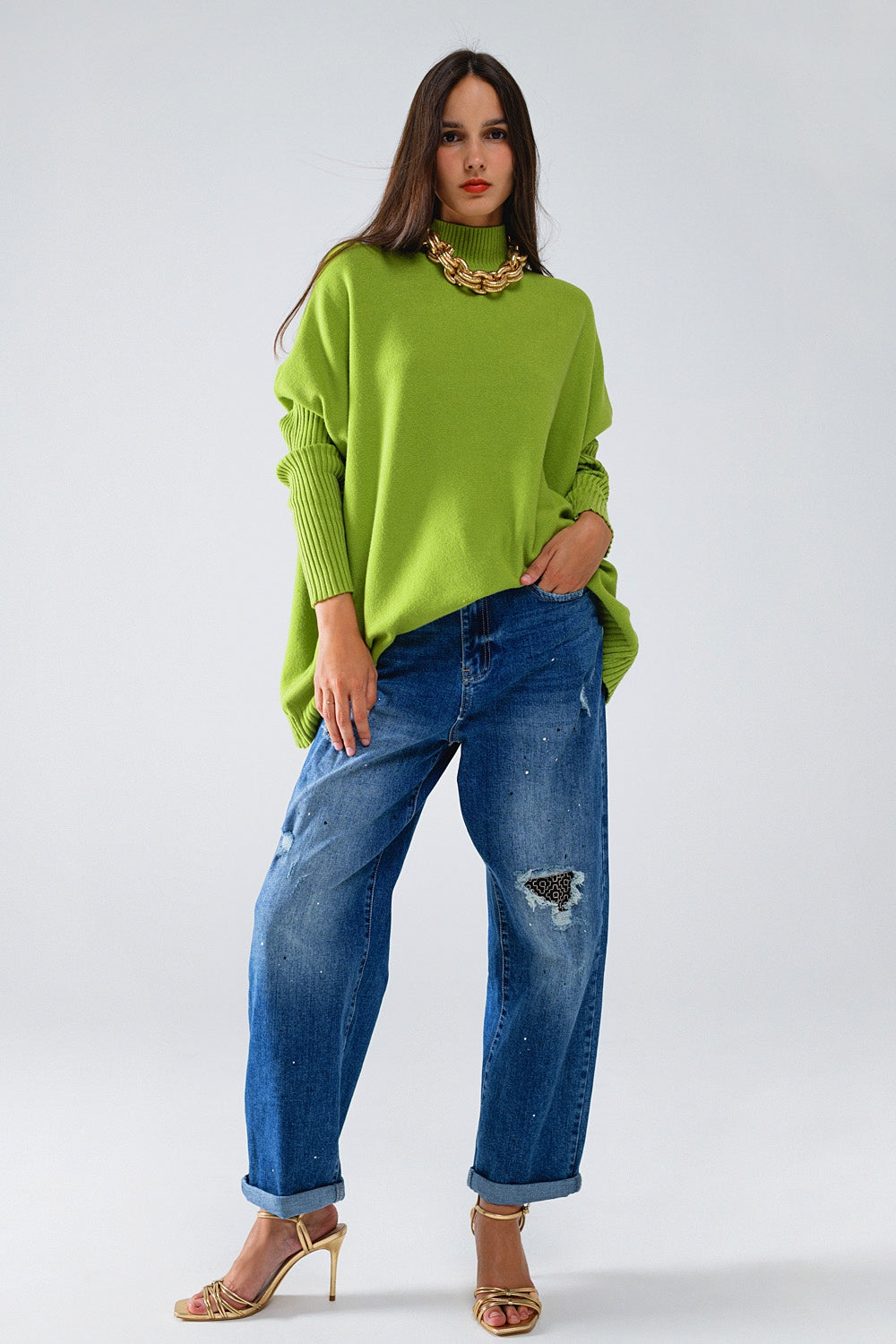 oversized cozy green sweater with ribbed sleeves - Jumpers