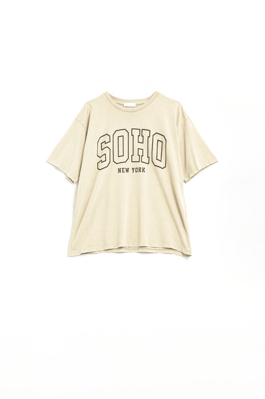 Oversized Cream T-shirt With Soho New York At The Front - Tops