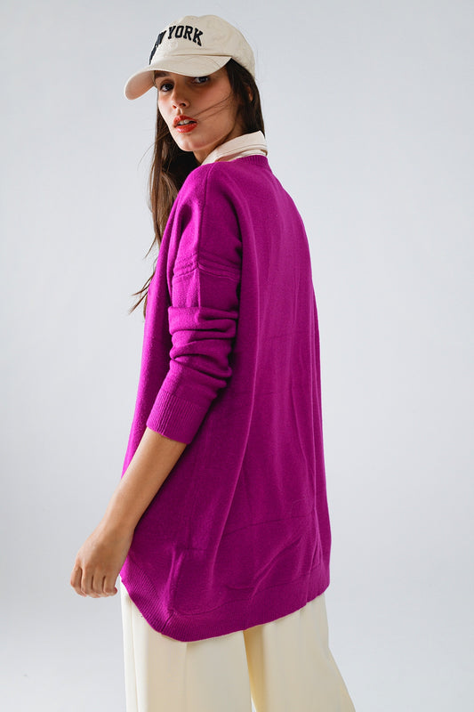 Oversized Crew Neck Long Sleeve Sweater in Fuchsia - Sweaters