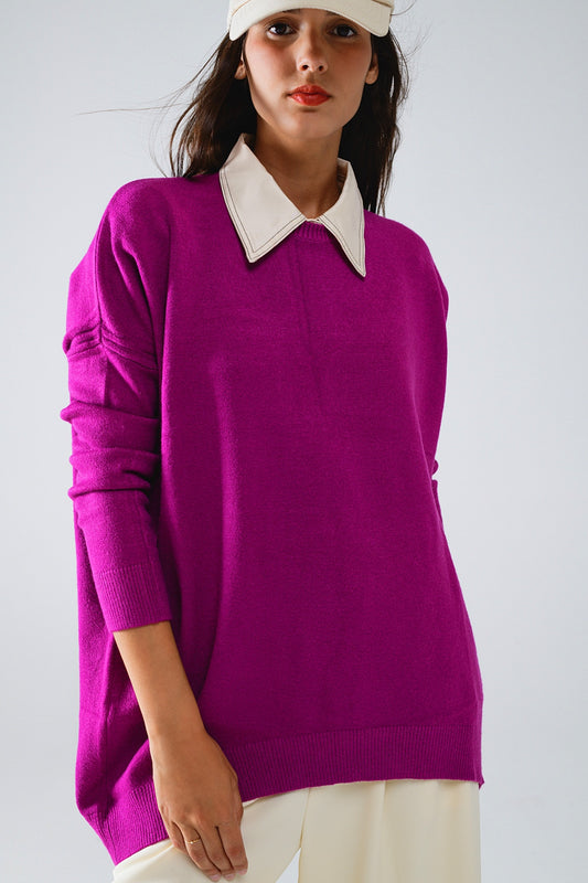 Oversized Crew Neck Long Sleeve Sweater in Fuchsia - Sweaters
