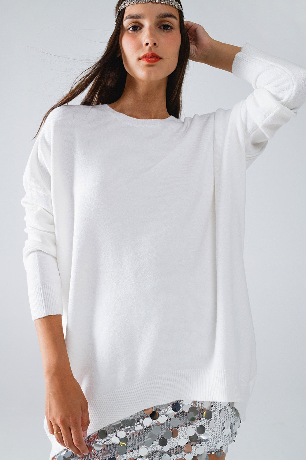 Oversized Crew Neck Long Sleeve Sweater in White Q2 Sweaters BoutiqueLua