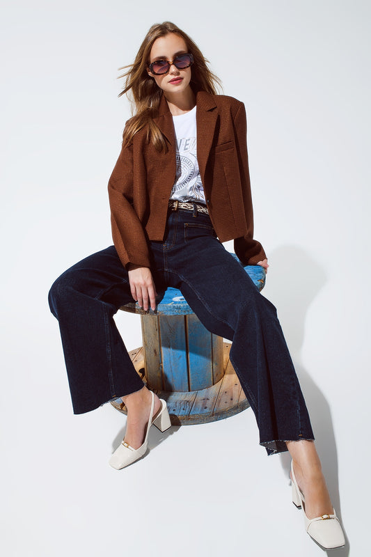 Oversized Cropped Blazer Vichy Design And Metallic Details In Brown - Blazers