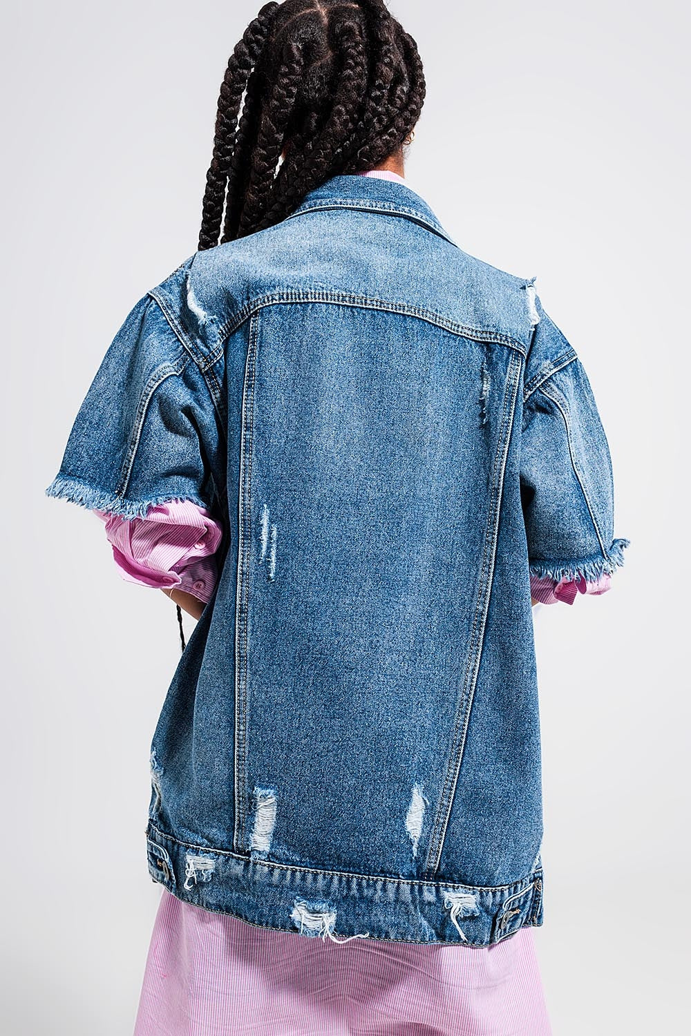 Oversized distressed short sleeves denim jacket Q2 Coats and Jackets BoutiqueLua