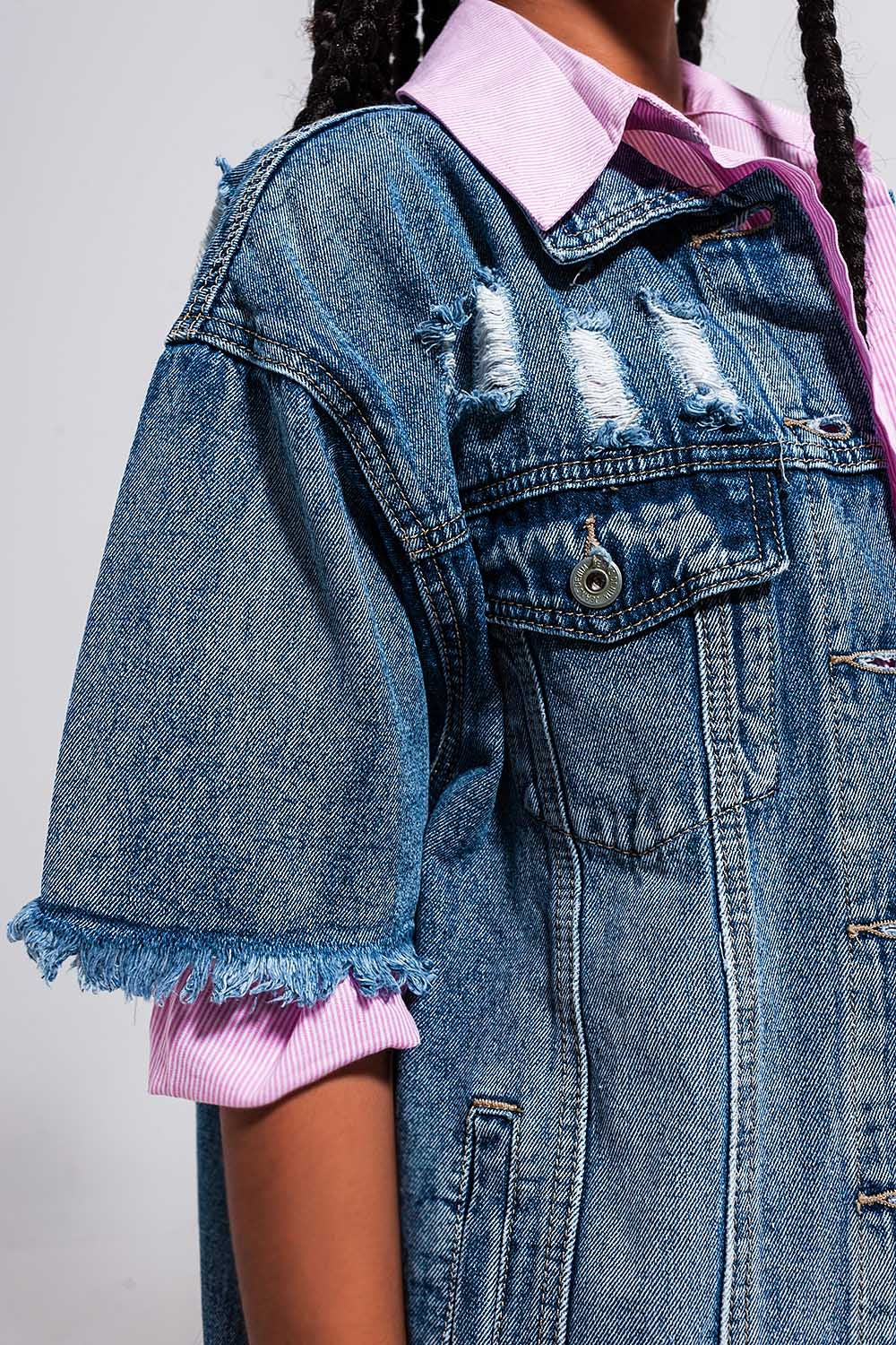 Oversized distressed short sleeves denim jacket Q2 Coats and Jackets BoutiqueLua