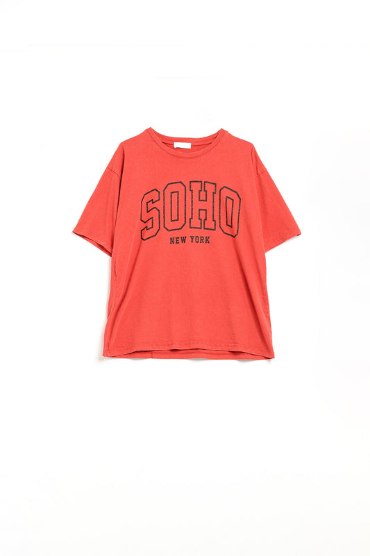 Oversized Red T-shirt With Soho New York At The Front - Tops