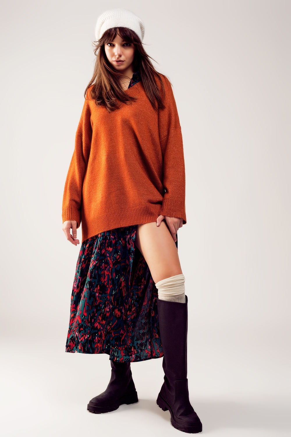 Oversized v neck sweater dress in orange Q2 Sweaters BoutiqueLua