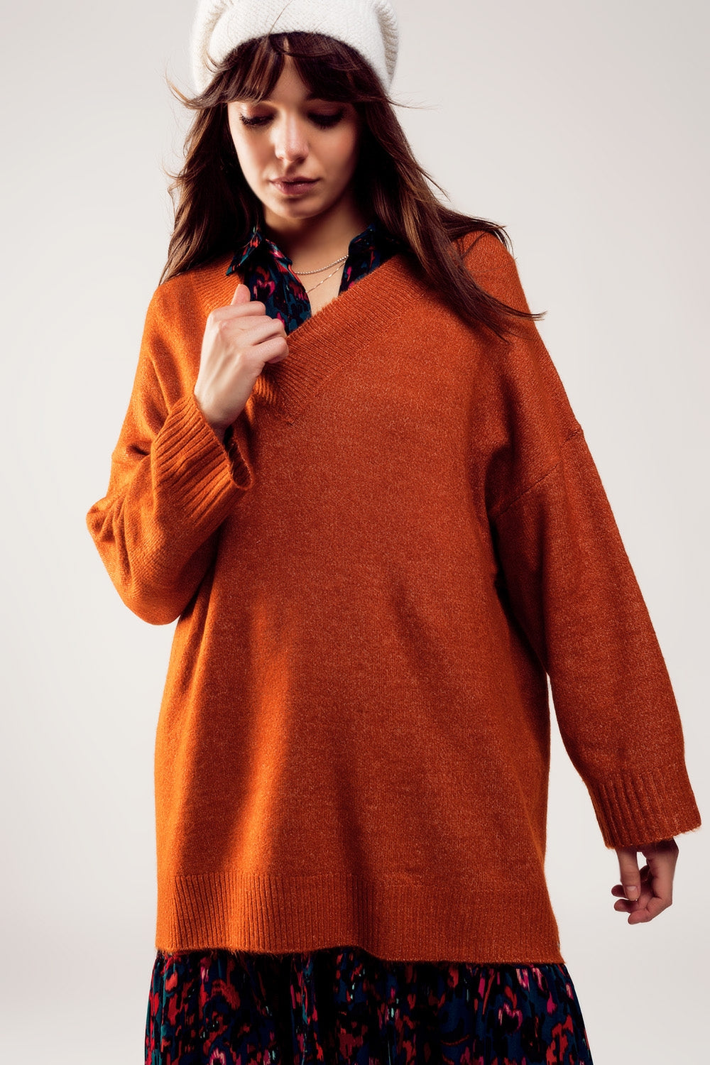 Oversized v neck sweater dress in orange Q2 Sweaters BoutiqueLua