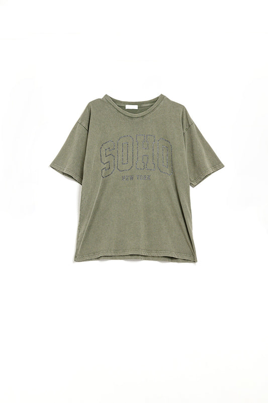 Oversized Washed Khaki Green T-shirt With Soho New York At The Front - Tops