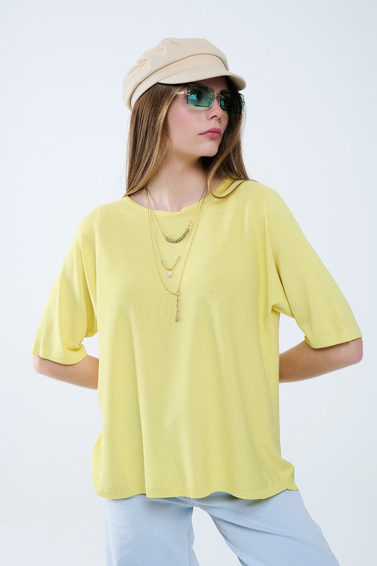 Oversized Yellow Sweater with Elbow-Length Sleeves - T-shirts