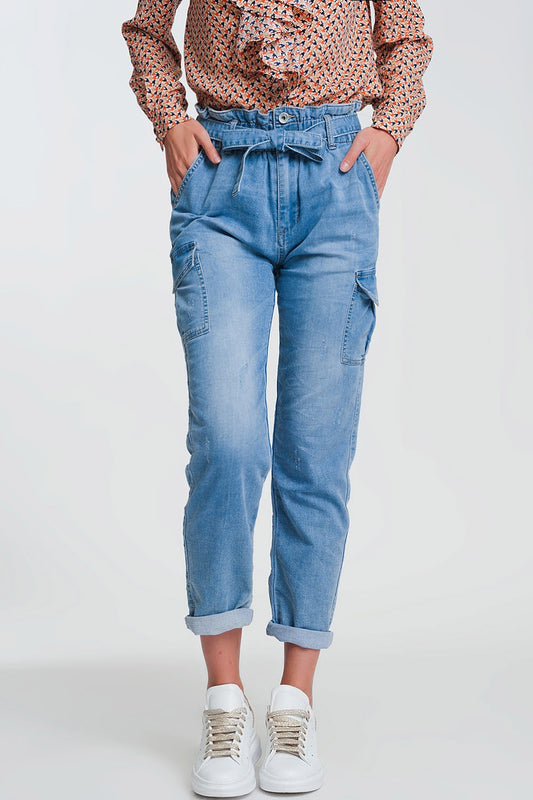 Paperbag tie waist jeans in light blue - Jeans