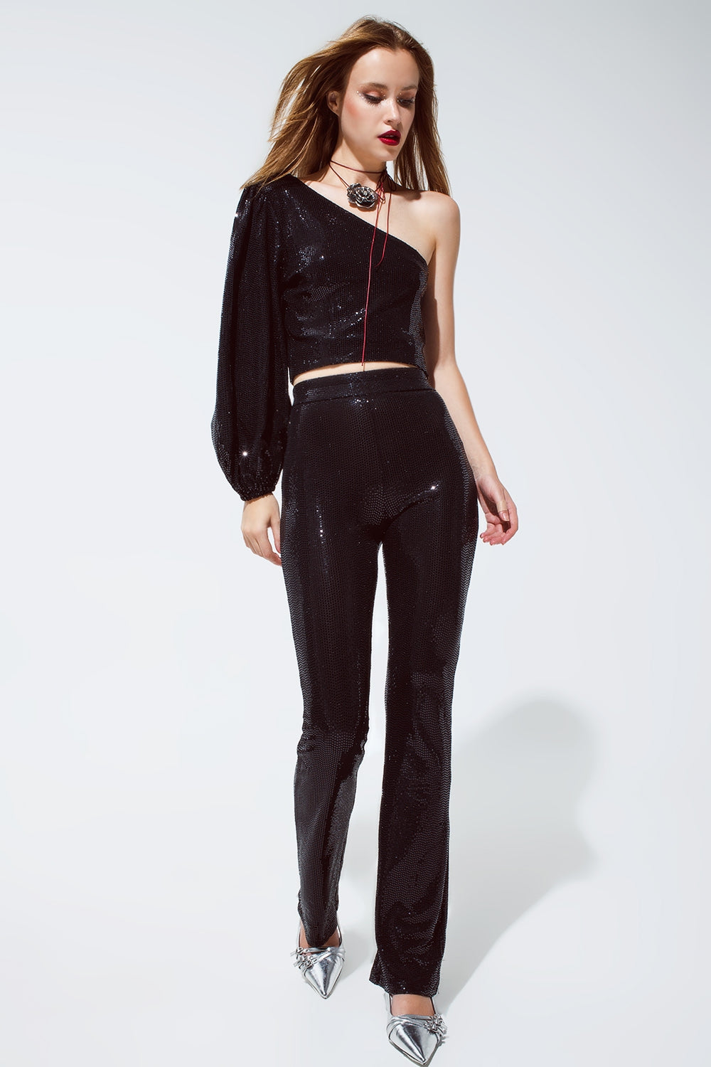 Party Cropped one shoulder top with glitter detail in black Q2 Tops BoutiqueLua