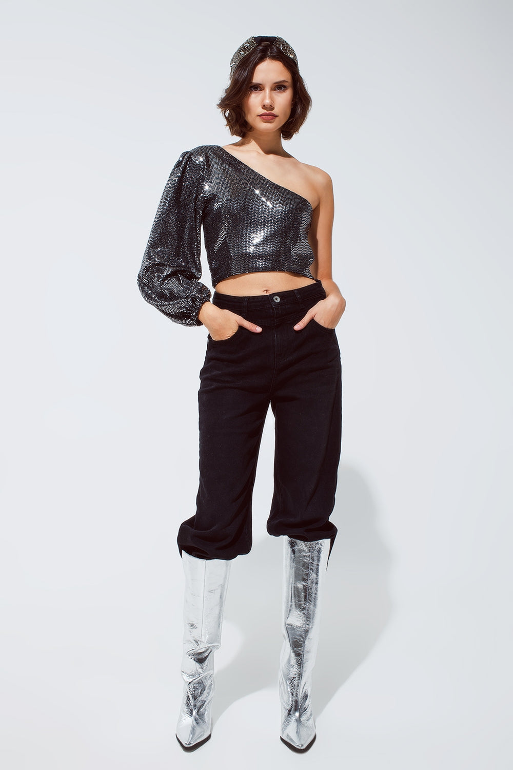 Party Cropped one shoulder top with glitter detail in silver Q2 Tops BoutiqueLua
