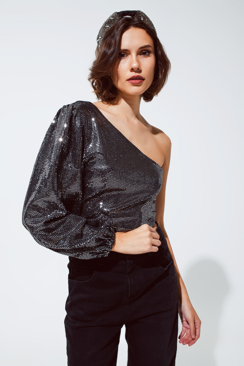 Party Cropped one shoulder top with glitter detail in silver Q2 Tops BoutiqueLua