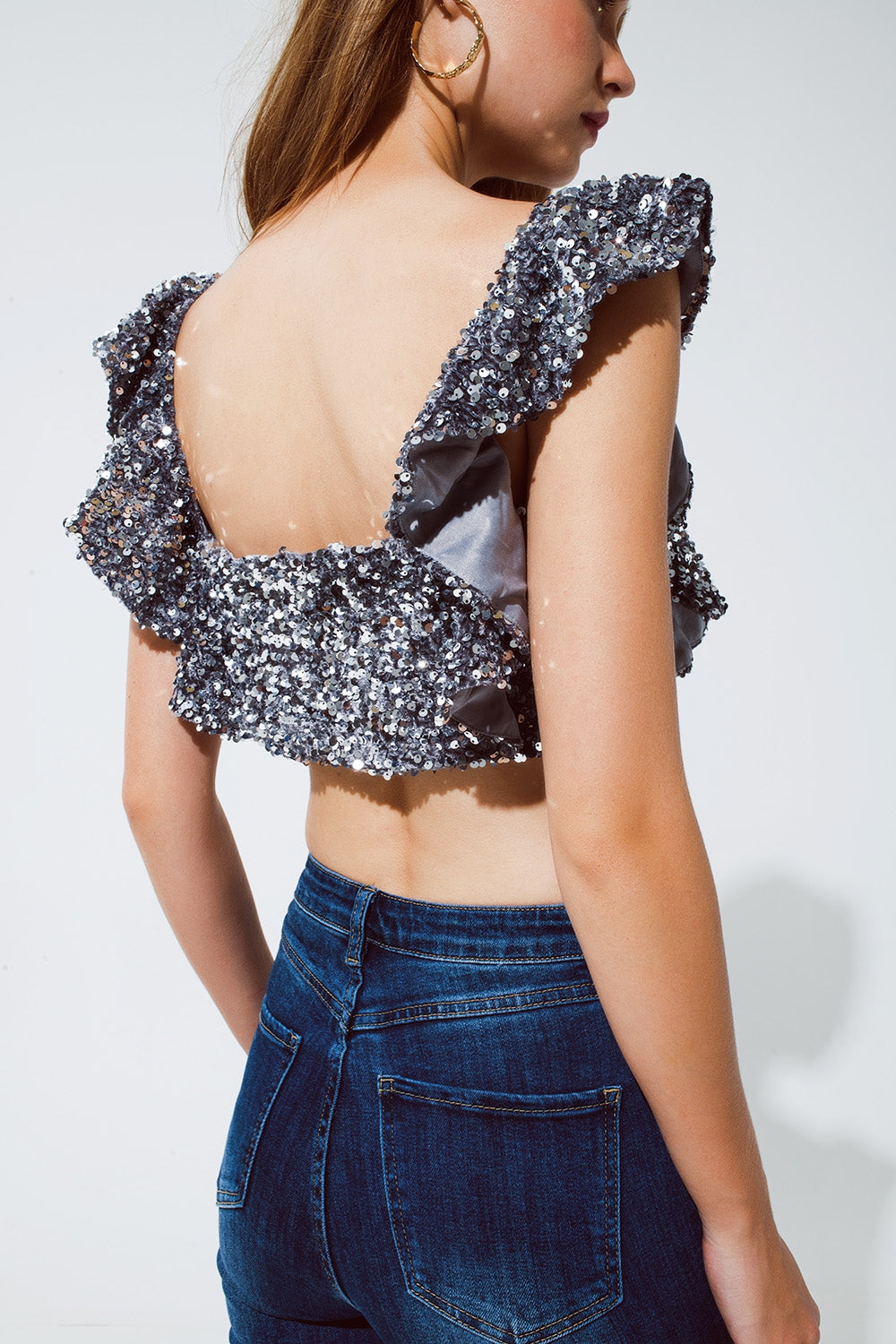 Party Cropped sequin glitter top in silver Q2 Tops BoutiqueLua