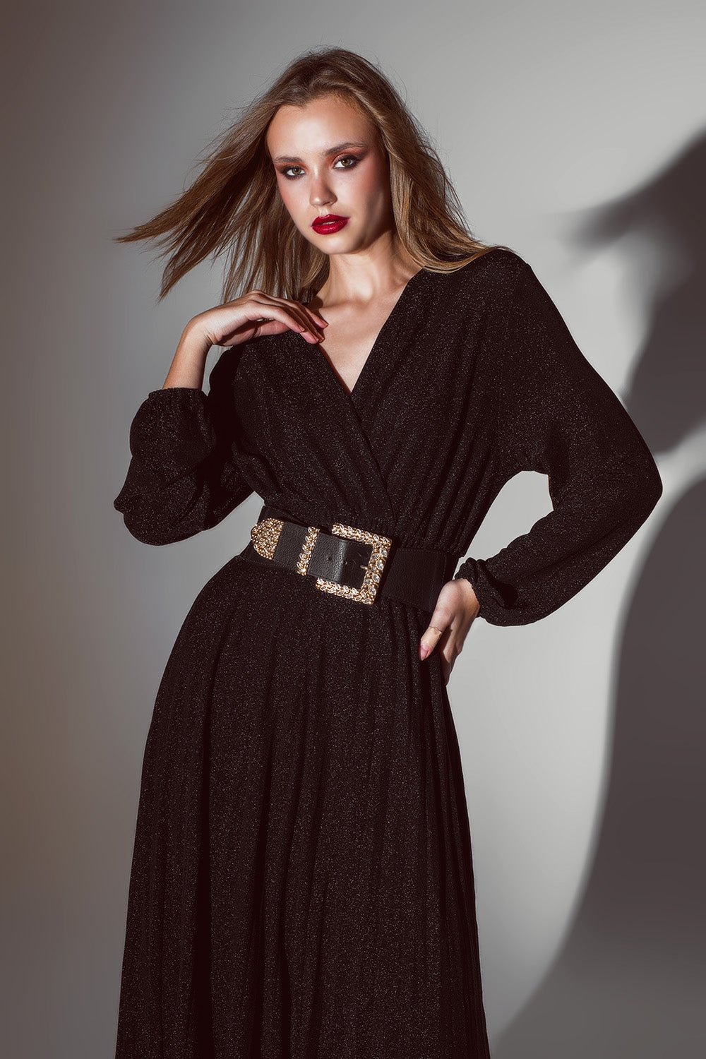 Party Long sleeve maxi dress with glitter in black Q2 Dresses BoutiqueLua