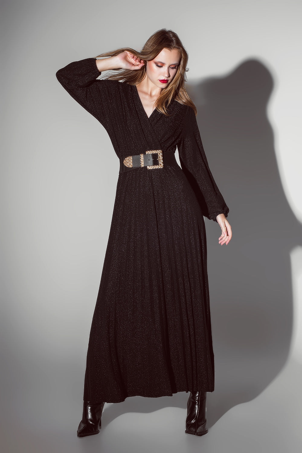 Party Long sleeve maxi dress with glitter in black Q2 Dresses BoutiqueLua