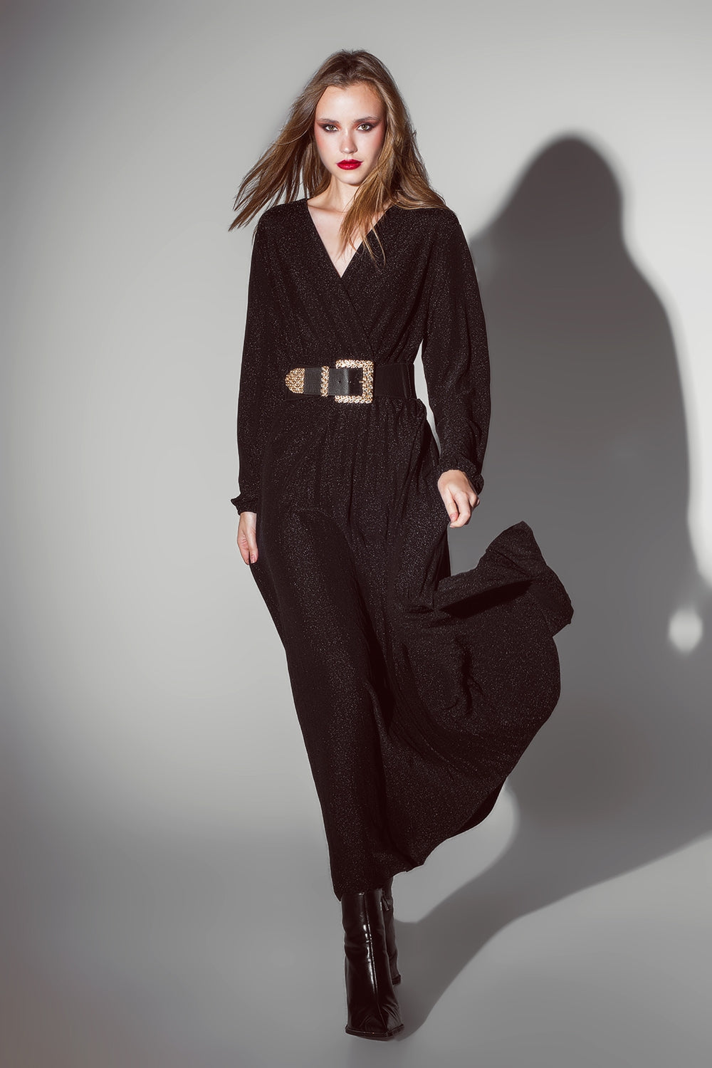Party Long sleeve maxi dress with glitter in black Q2 Dresses BoutiqueLua