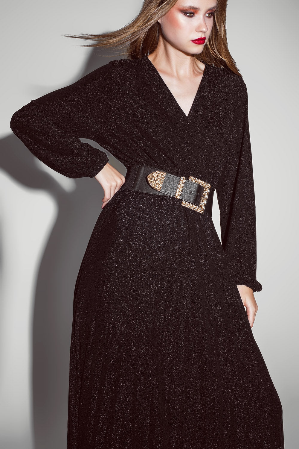 Party Long sleeve maxi dress with glitter in black Q2 Dresses BoutiqueLua