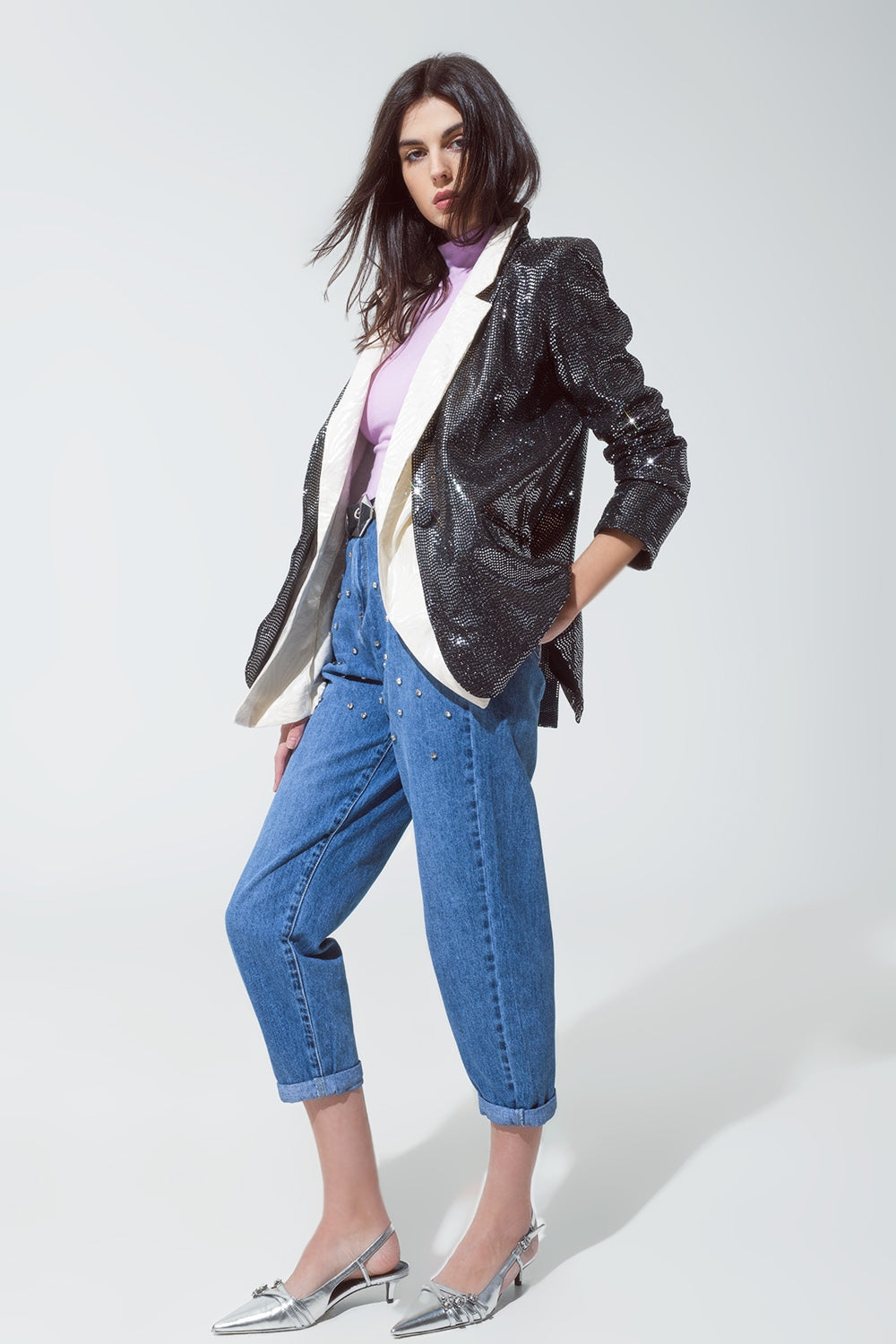 Party Relaxed Sequined Blazer in Silver Q2 Coats and Jackets BoutiqueLua