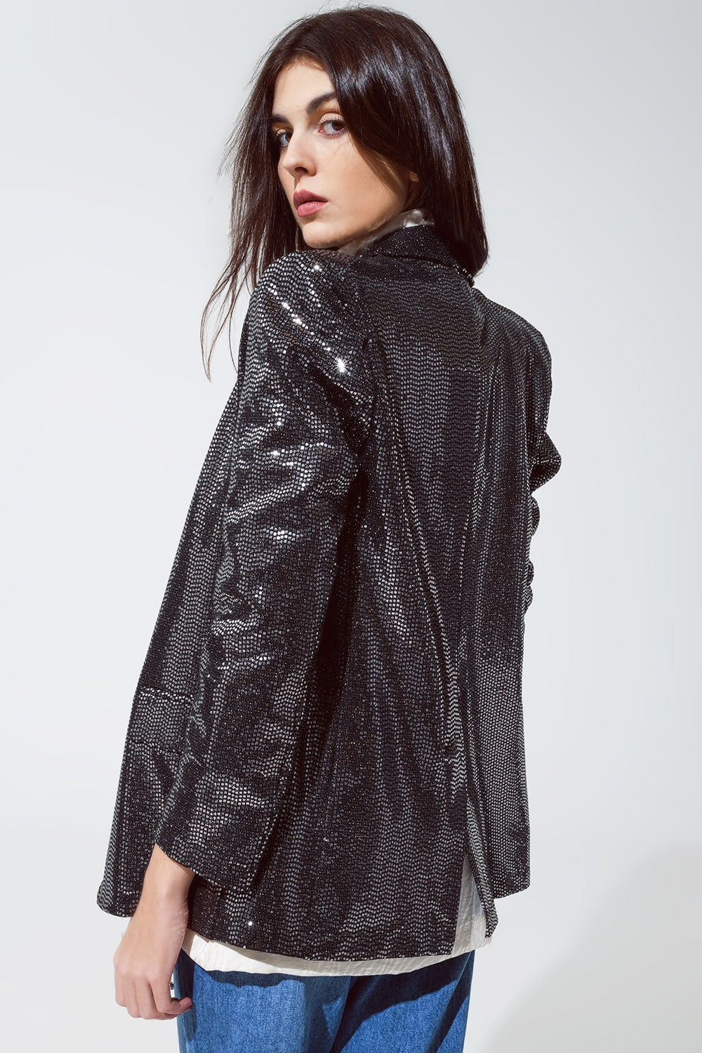 Party Relaxed Sequined Blazer in Silver Q2 Coats and Jackets BoutiqueLua