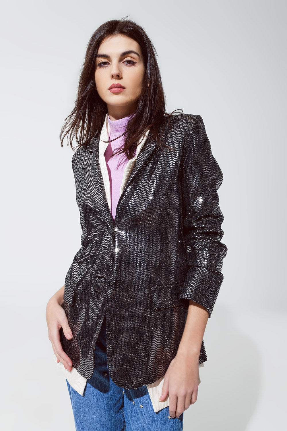 Party Relaxed Sequined Blazer in Silver Q2 Coats and Jackets BoutiqueLua
