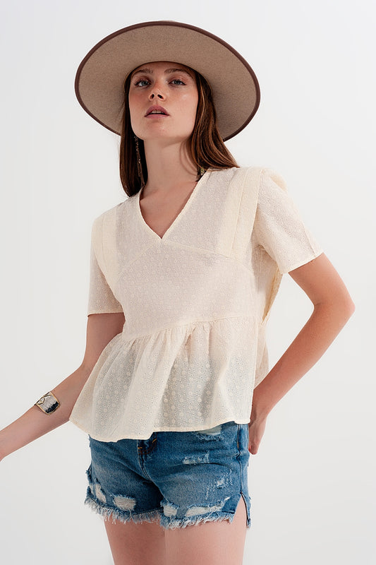 Peplum broderie top in Beige - Tops