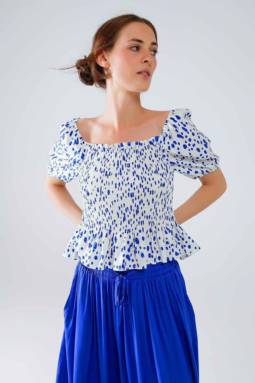 Peplum Shirred White Blouse With Blue Polka Dots - Blouses