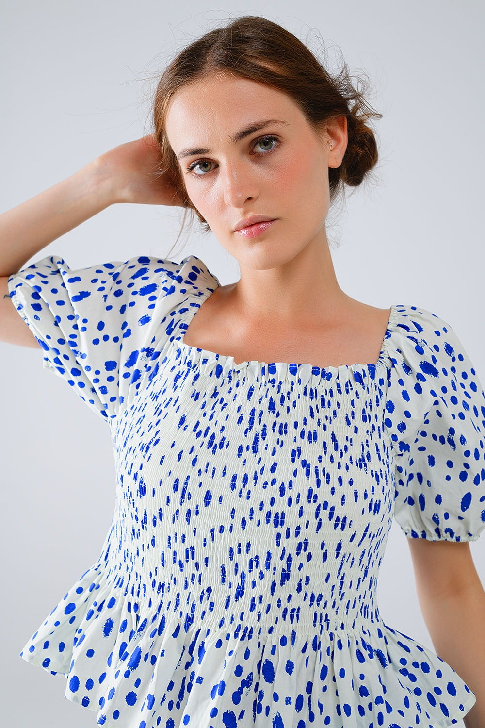 Peplum Shirred White Blouse With Blue Polka Dots - Blouses