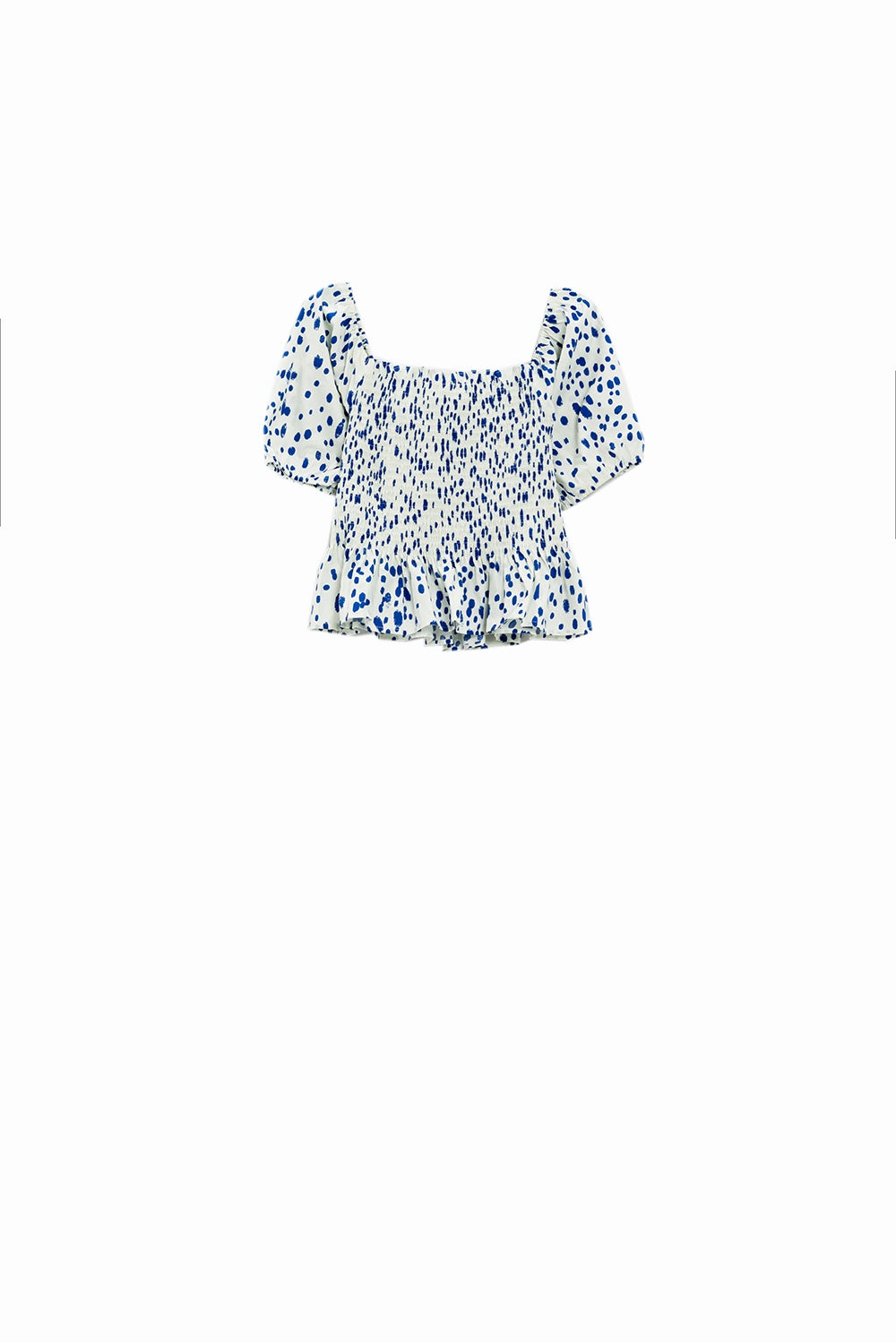 Peplum Shirred White Blouse With Blue Polka Dots - Blouses