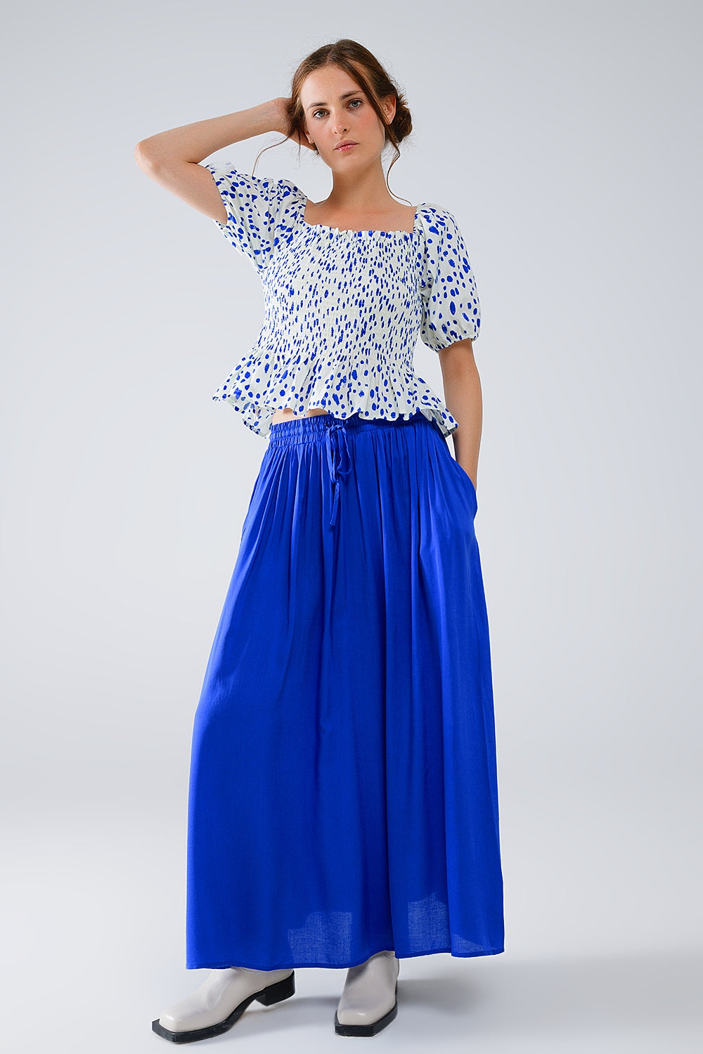 Peplum Shirred White Blouse With Blue Polka Dots - Blouses
