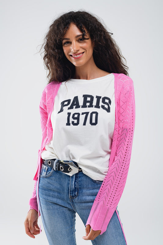 Pink Cardigan with Argyle Print and Tie Closing - Sweaters