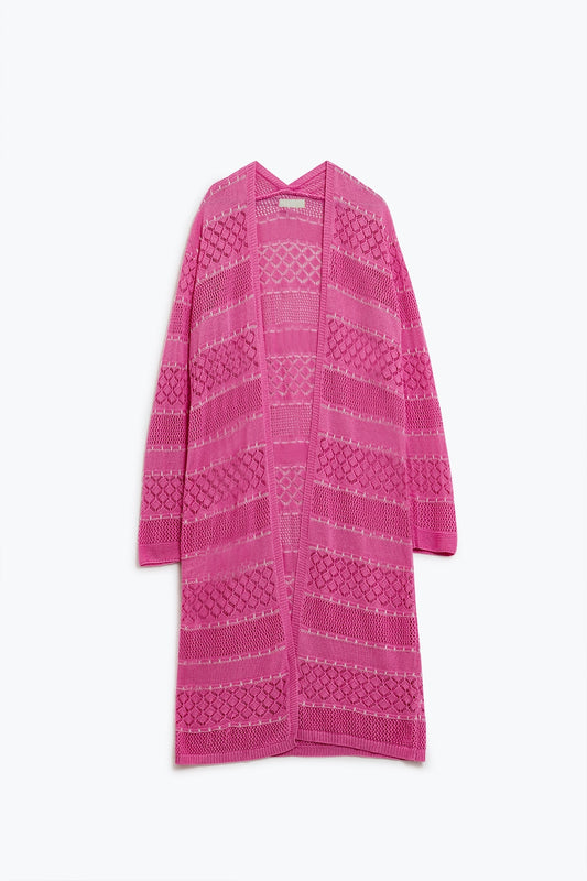 Pink Crochet Maxi Cardigan With Long Sleeves - Sweaters