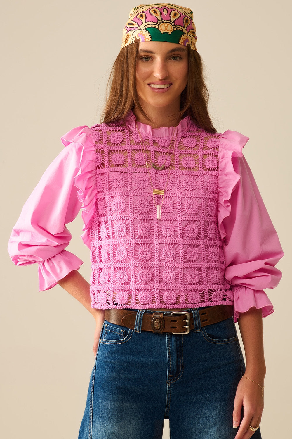 Pink Crochet Top with Ruffle Trim and long sleeves - Tops