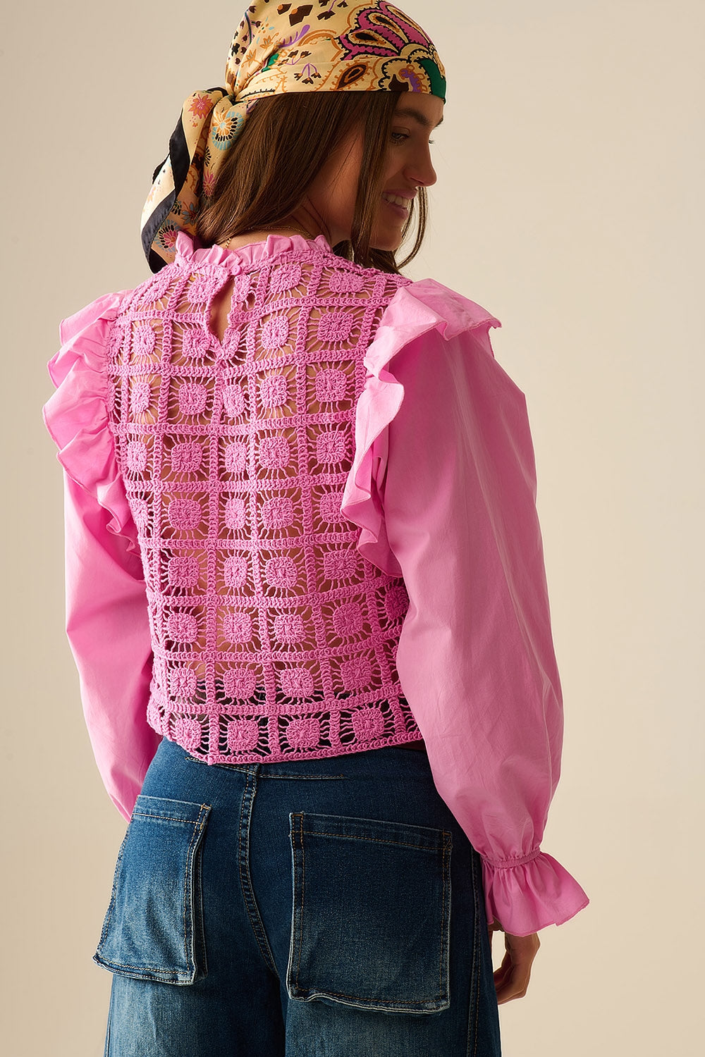 Pink Crochet Top with Ruffle Trim and long sleeves - Tops