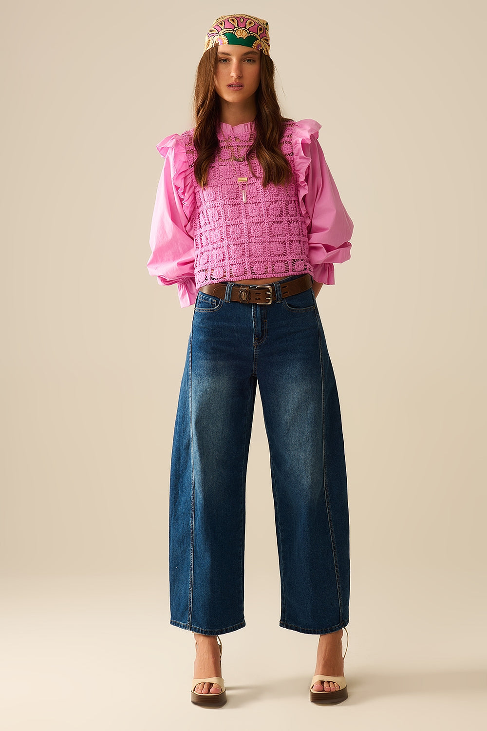 Pink Crochet Top with Ruffle Trim and long sleeves - Tops