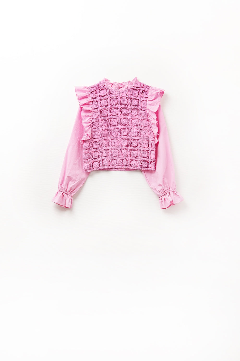 Pink Crochet Top with Ruffle Trim and long sleeves - Tops