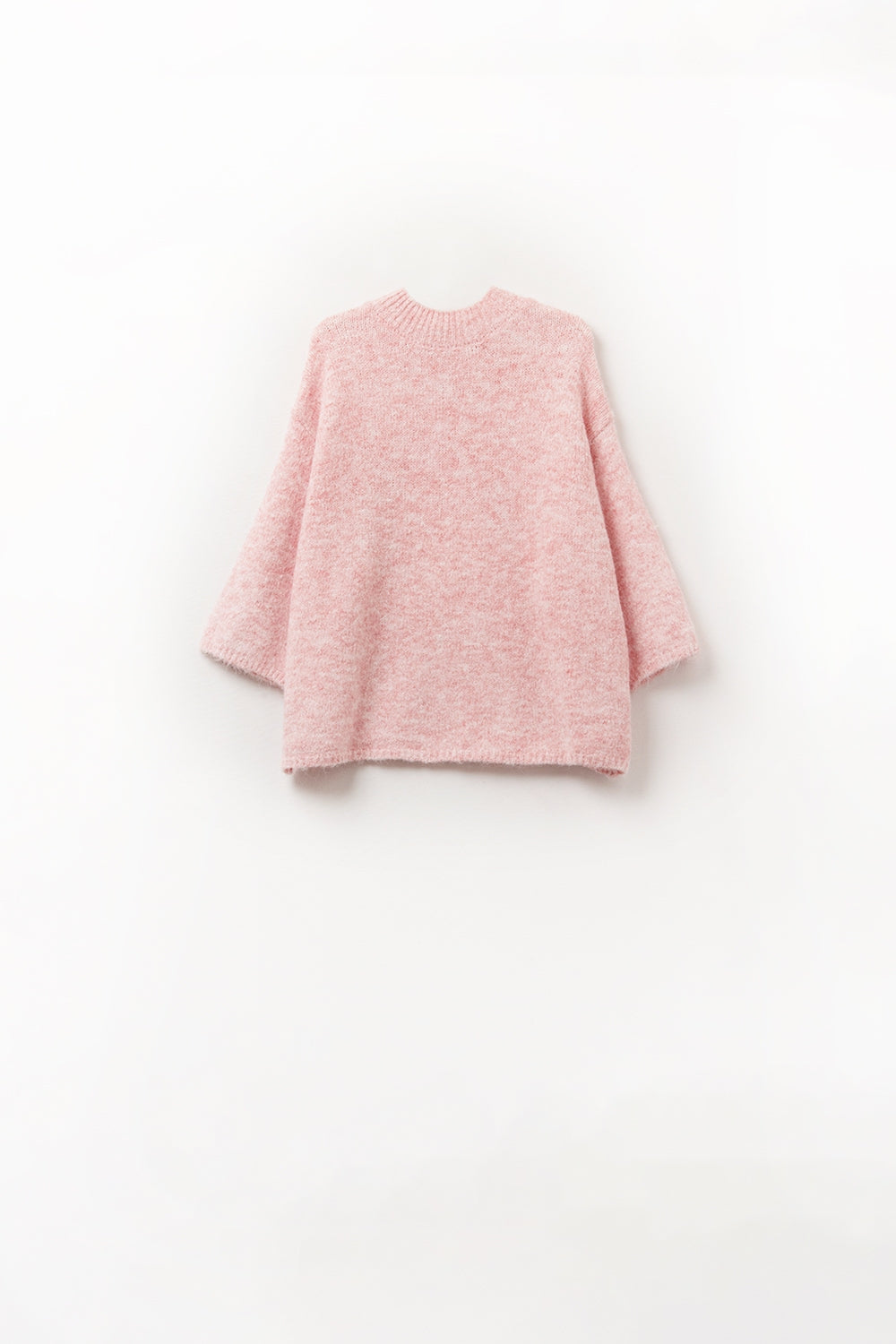 Pink Fluffy sweater with three-quarter sleeves and round neck