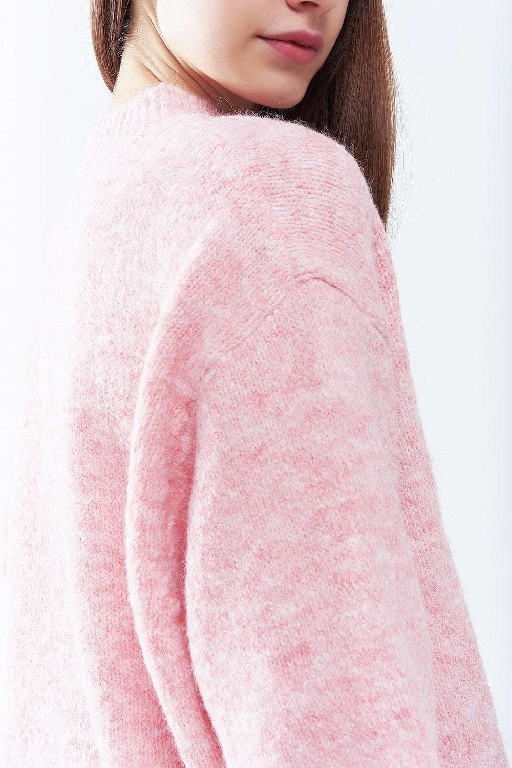 Pink Fluffy sweater with three-quarter sleeves and round neck
