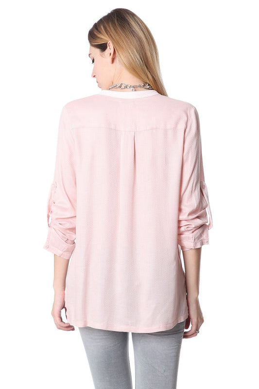 Pink long sleeve deep V neck blouse - Blouses