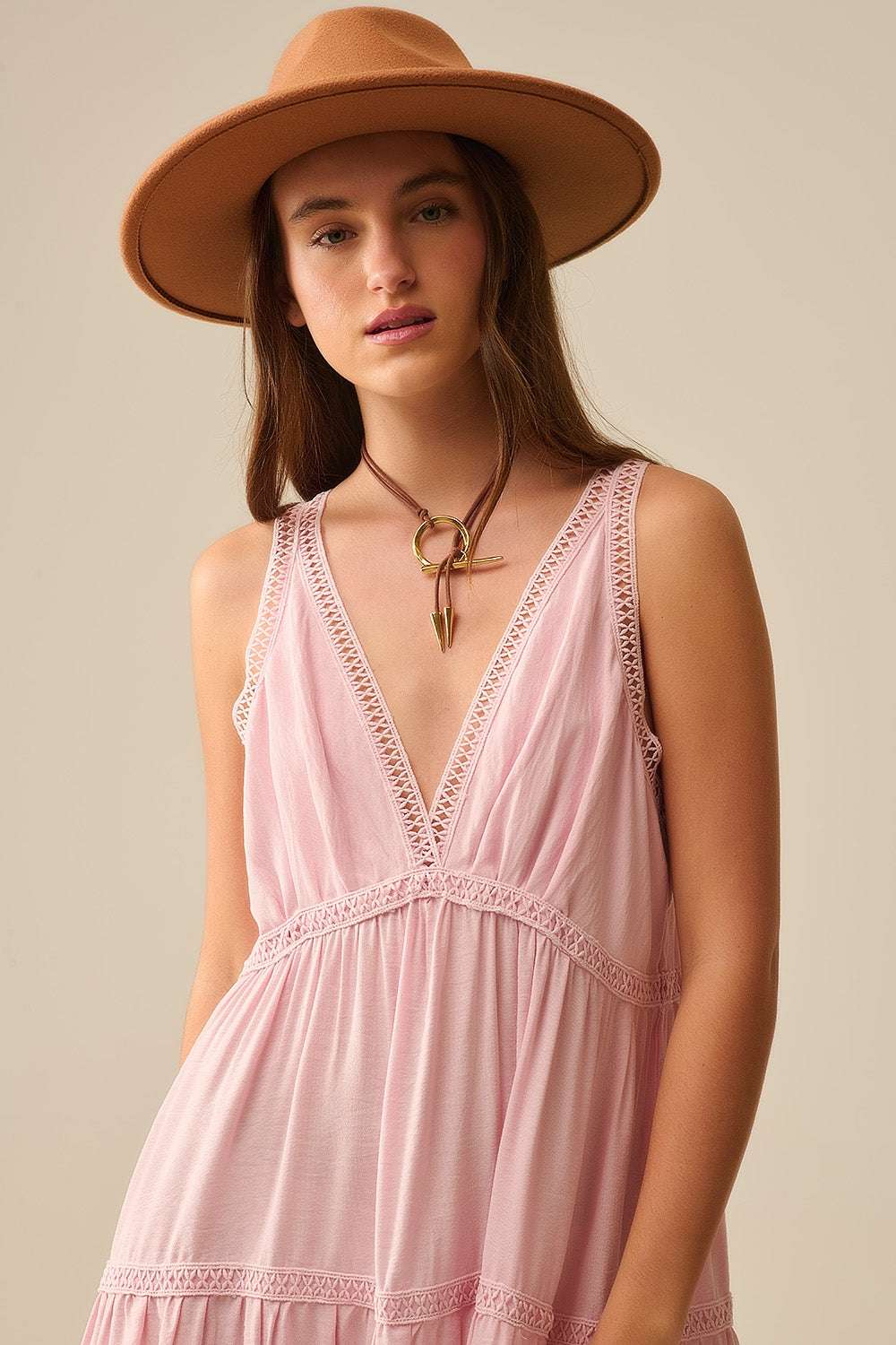Pink Maxi Dress With Lace Details and boho style - Dresses