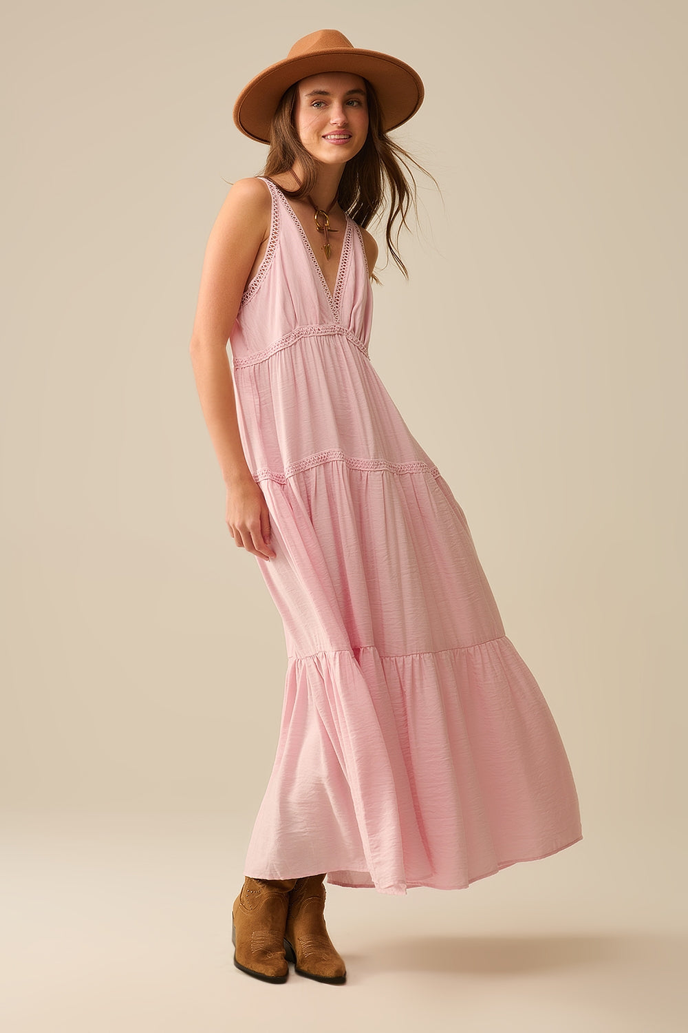 Pink Maxi Dress With Lace Details and boho style - Dresses