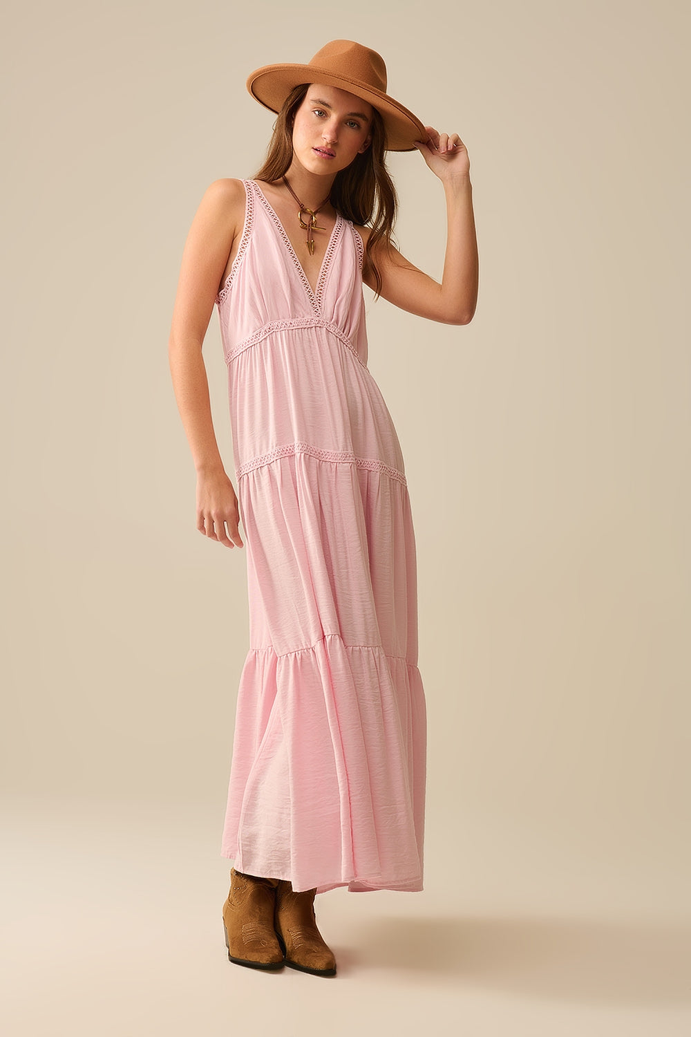 Pink Maxi Dress With Lace Details and boho style - Dresses