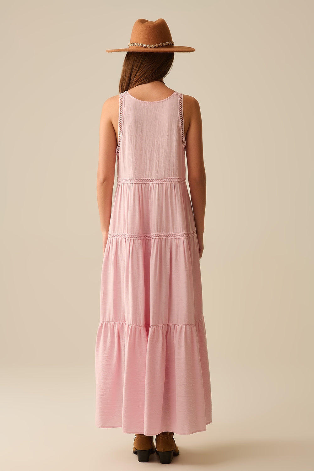 Pink Maxi Dress With Lace Details and boho style - Dresses