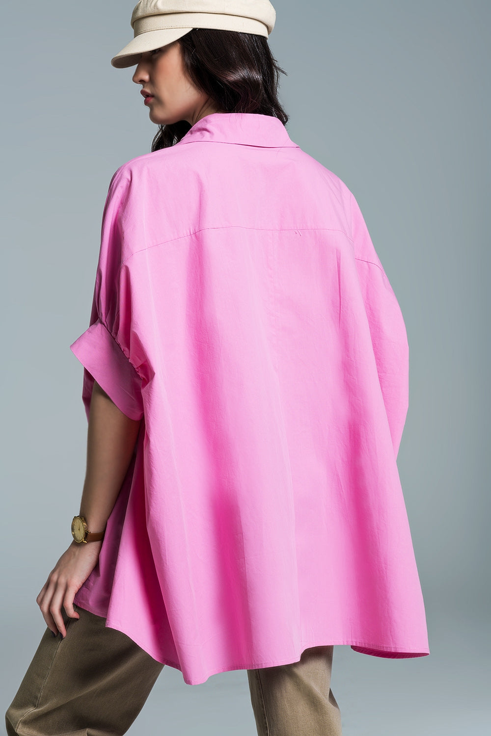 Pink oversized blouse with short sleeves - Blouses