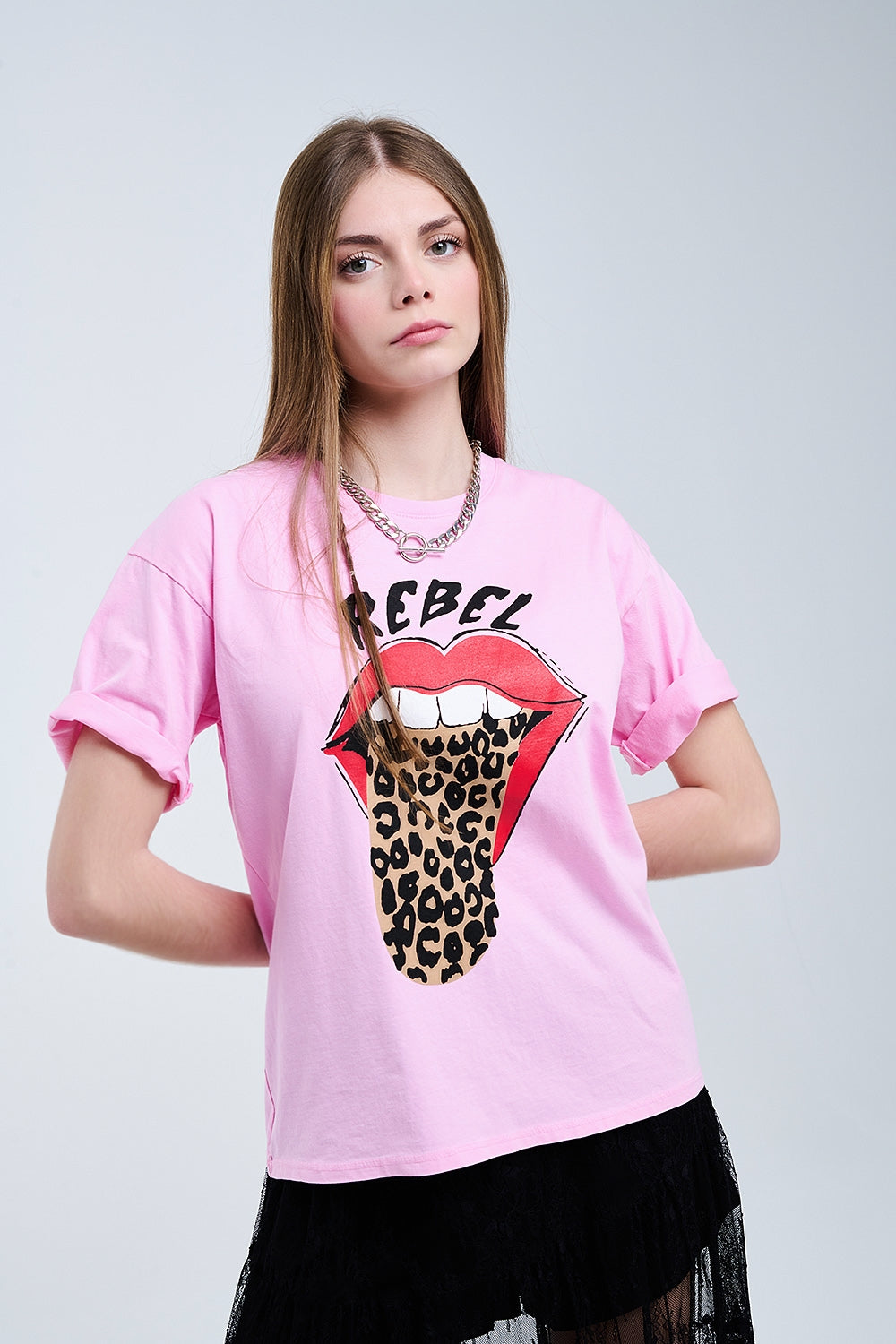 Pink Rebel Graphic Tee with Leopard Print Tongue