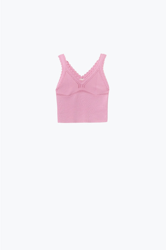 Pink Ribbed Knit Top with Scalloped V-Neck - Tops