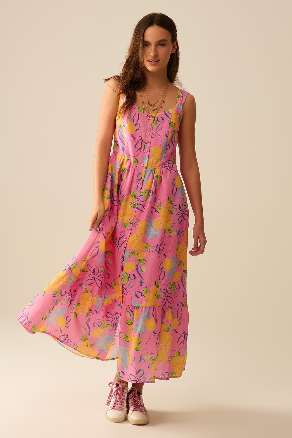 Pink Sleeveless maxi Dress with Lemon Print