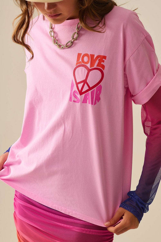 Pink T-Shirt with Love is Air and Heart with Peace logo - T-Shirts