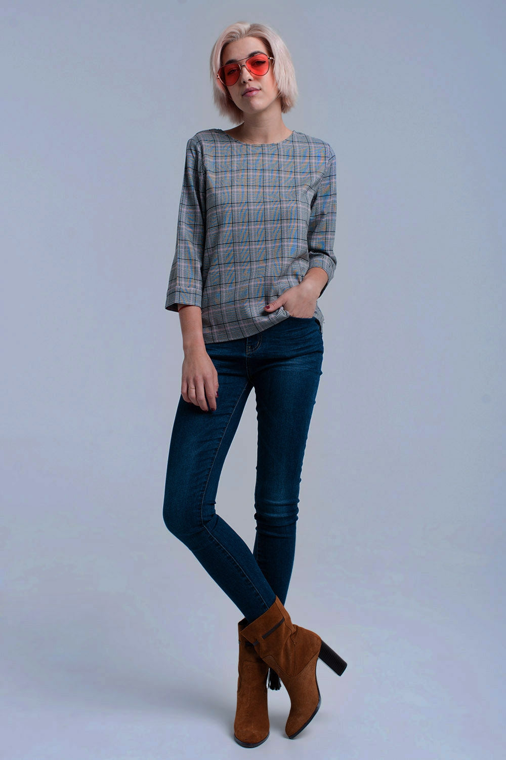 Pink tartan pattern top with ribbons - Tops